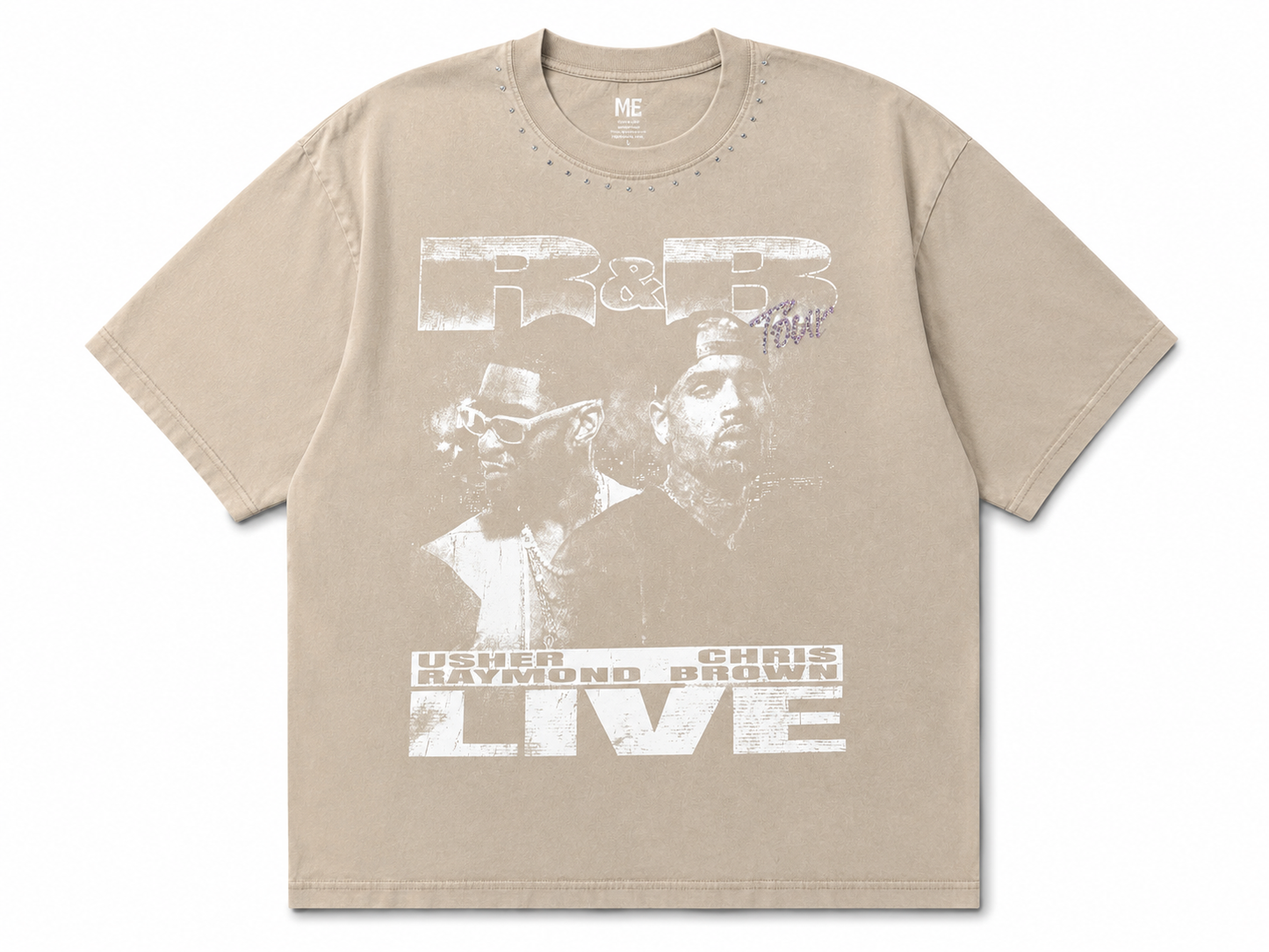 R&B Tour Vintage Oversized Tee – Beige (Rhinestone)